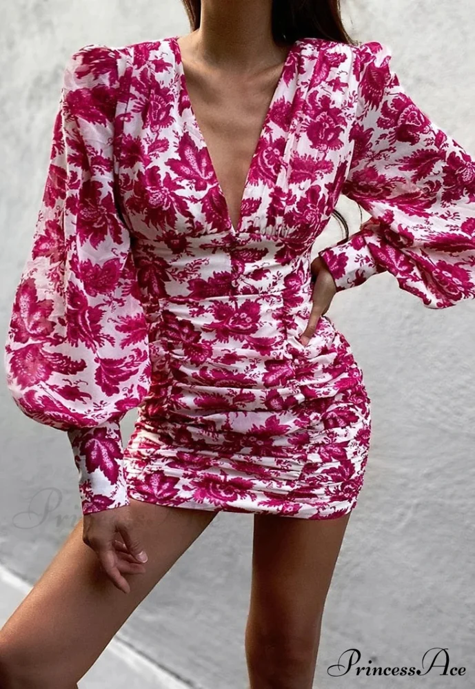 Design Party Bodycon Women's Neck Deep Warm-Season Flowered Gown Lantern Arm Ruched - V Dress - Image 10