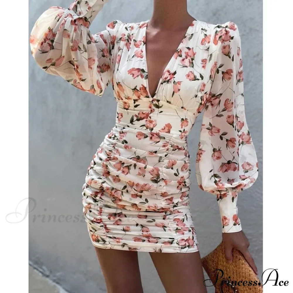 Design Party Bodycon Women's Neck Deep Warm-Season Flowered Gown Lantern Arm Ruched - V Dress - Image 11