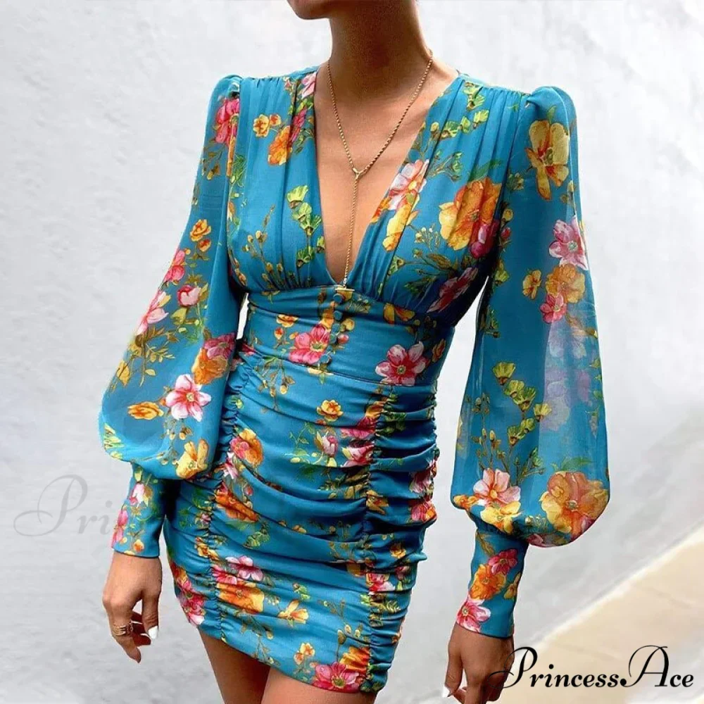 Design Party Bodycon Women's Neck Deep Warm-Season Flowered Gown Lantern Arm Ruched - V Dress - Image 3