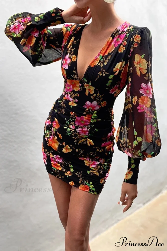 Design Party Bodycon Women's Neck Deep Warm-Season Flowered Gown Lantern Arm Ruched - V Dress - Image 4