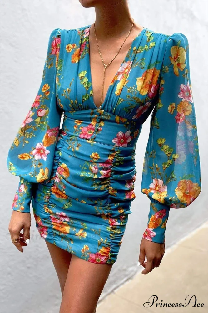 Design Party Bodycon Women's Neck Deep Warm-Season Flowered Gown Lantern Arm Ruched - V Dress - Image 7
