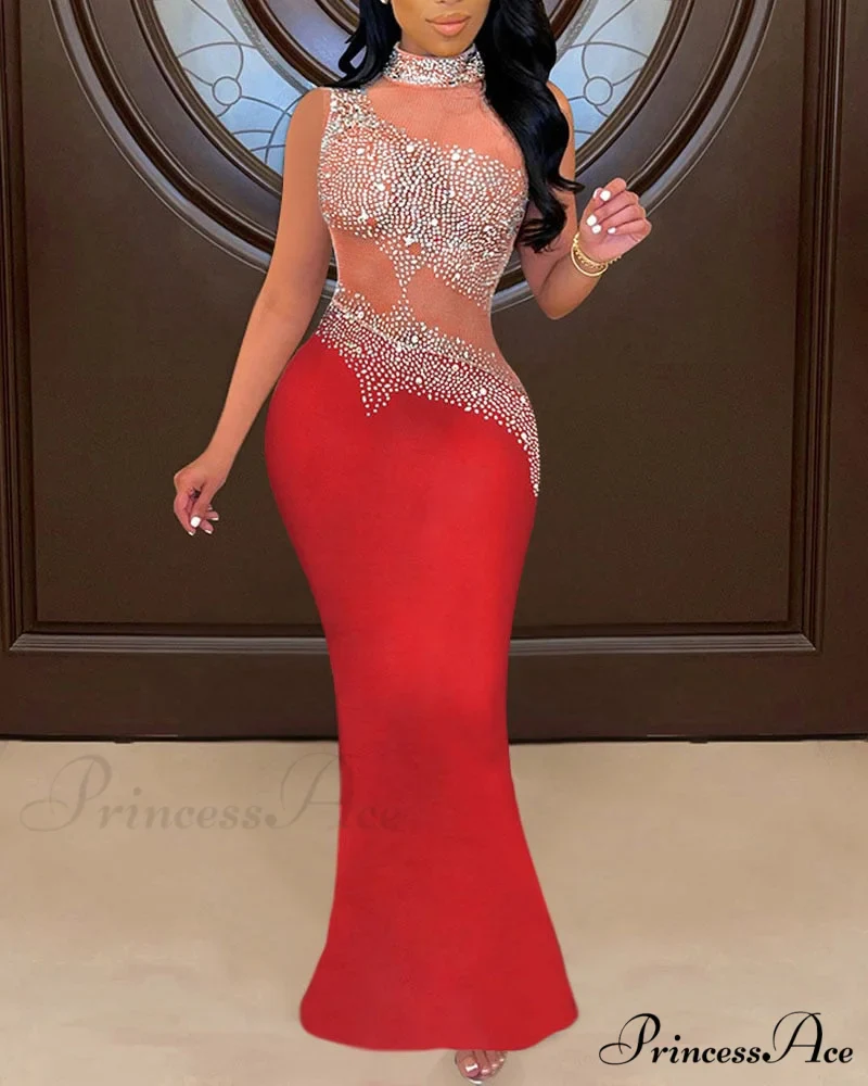 Mesh with Rhinestone Gown Formal Elegant Gown Full-Length Splicing - Image 2