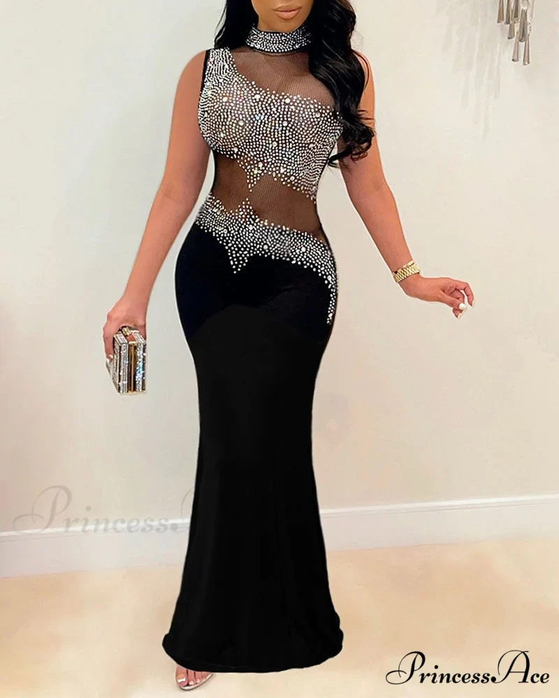 Mesh with Rhinestone Gown Formal Elegant Gown Full-Length Splicing - Image 4