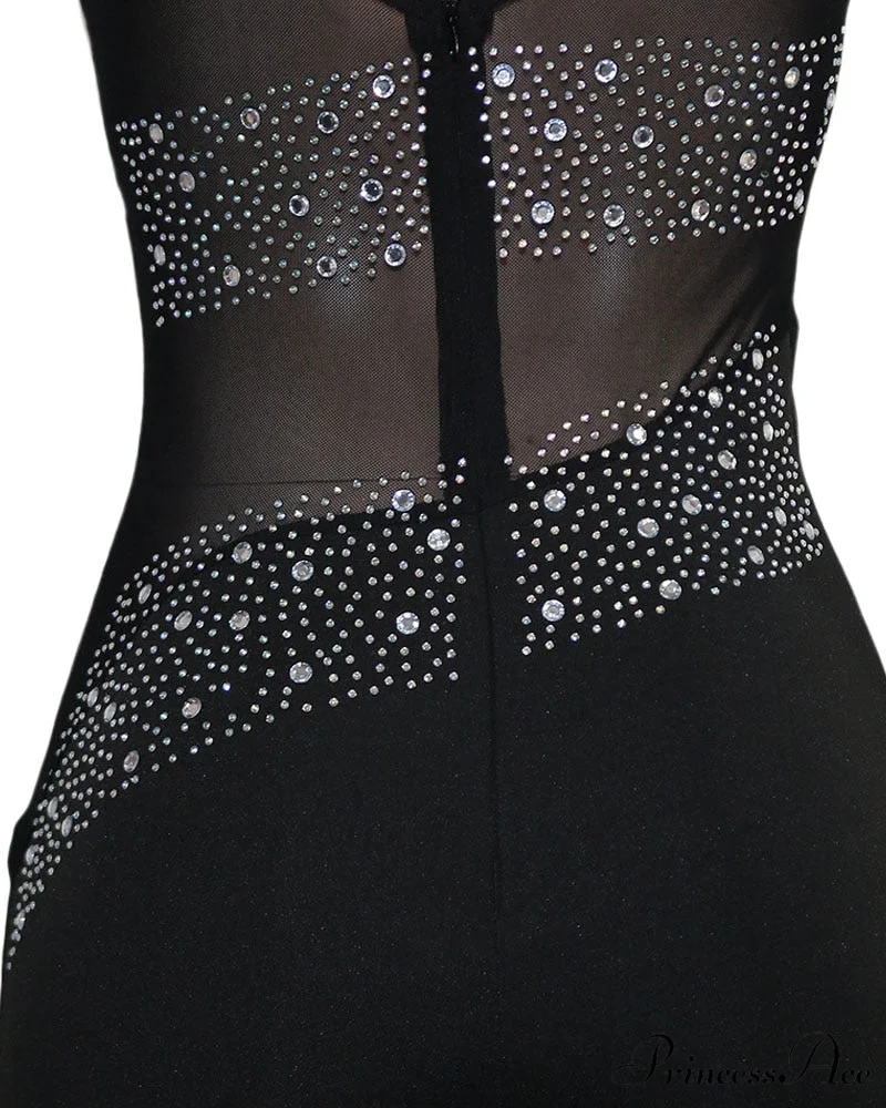 Mesh with Rhinestone Gown Formal Elegant Gown Full-Length Splicing - Image 9