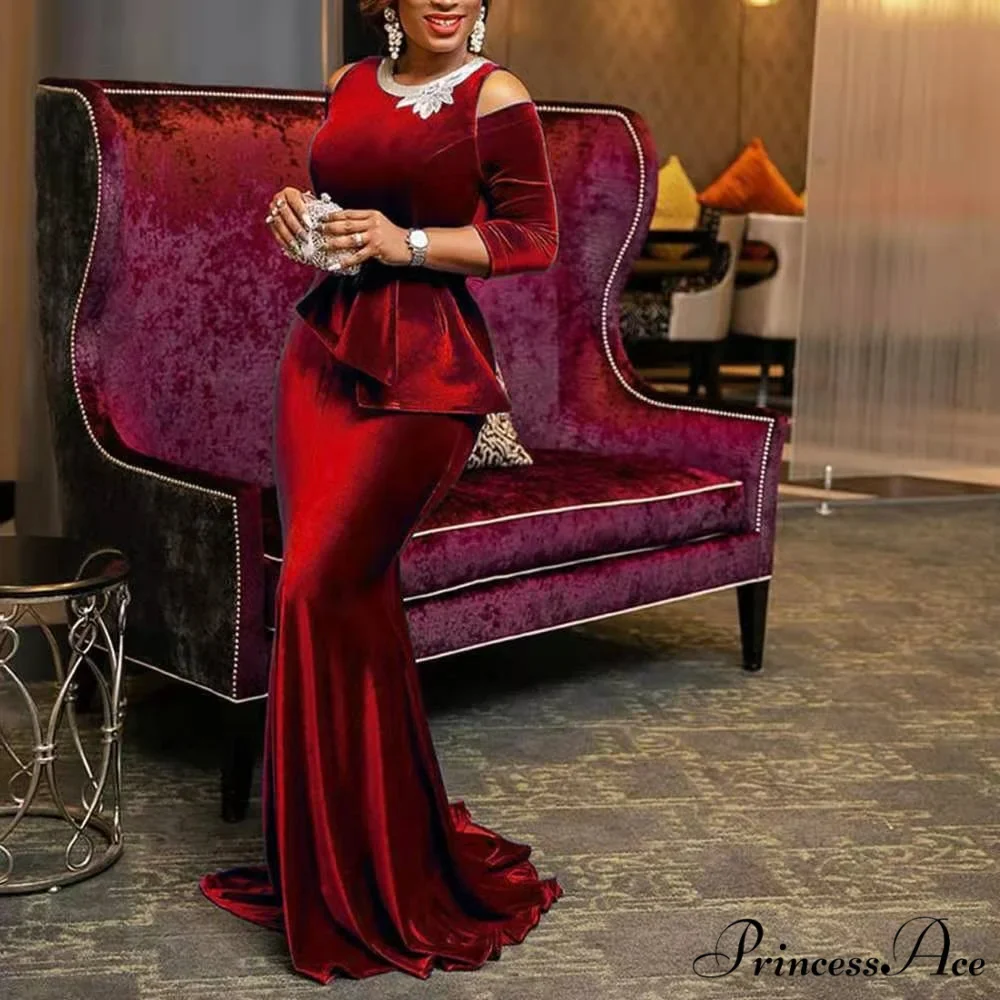 for - Mermaid - Full-Length Ruffle Formal Velvet Evening Vintage Party Long Women Gown Peplum with Gown Blue Dress - Image 3