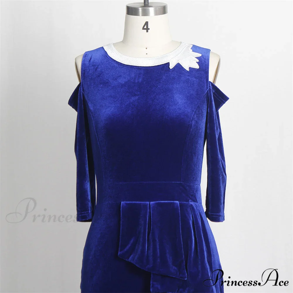 for - Mermaid - Full-Length Ruffle Formal Velvet Evening Vintage Party Long Women Gown Peplum with Gown Blue Dress - Image 6