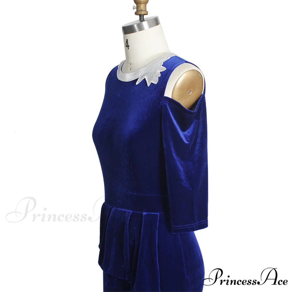 for - Mermaid - Full-Length Ruffle Formal Velvet Evening Vintage Party Long Women Gown Peplum with Gown Blue Dress - Image 7