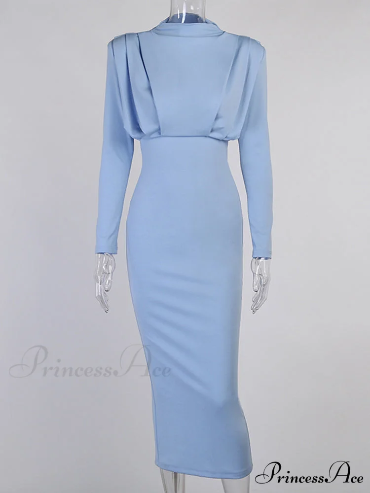 Party Solid Stand Neckline Blue Waist Long Women's Autumn Slim Elegant Arm Ankle Length Dress - Image 10