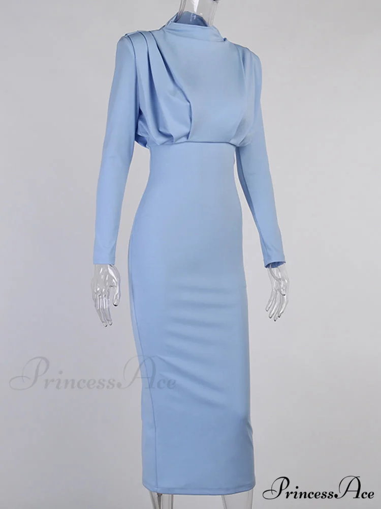 Party Solid Stand Neckline Blue Waist Long Women's Autumn Slim Elegant Arm Ankle Length Dress - Image 11