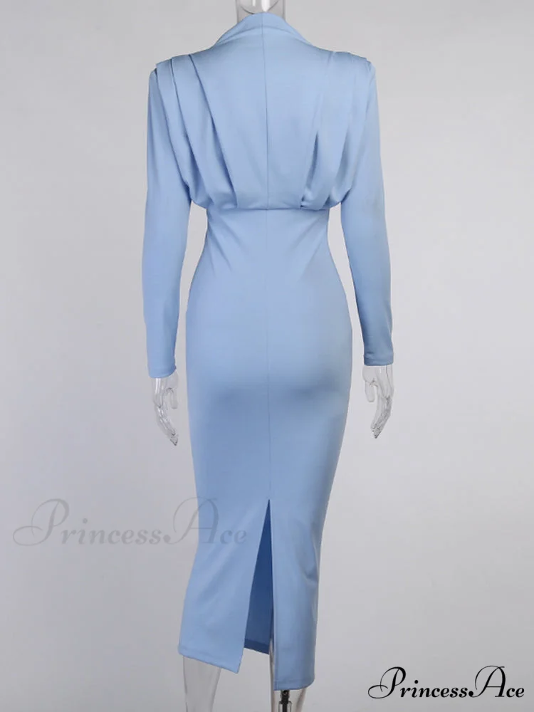 Party Solid Stand Neckline Blue Waist Long Women's Autumn Slim Elegant Arm Ankle Length Dress - Image 12