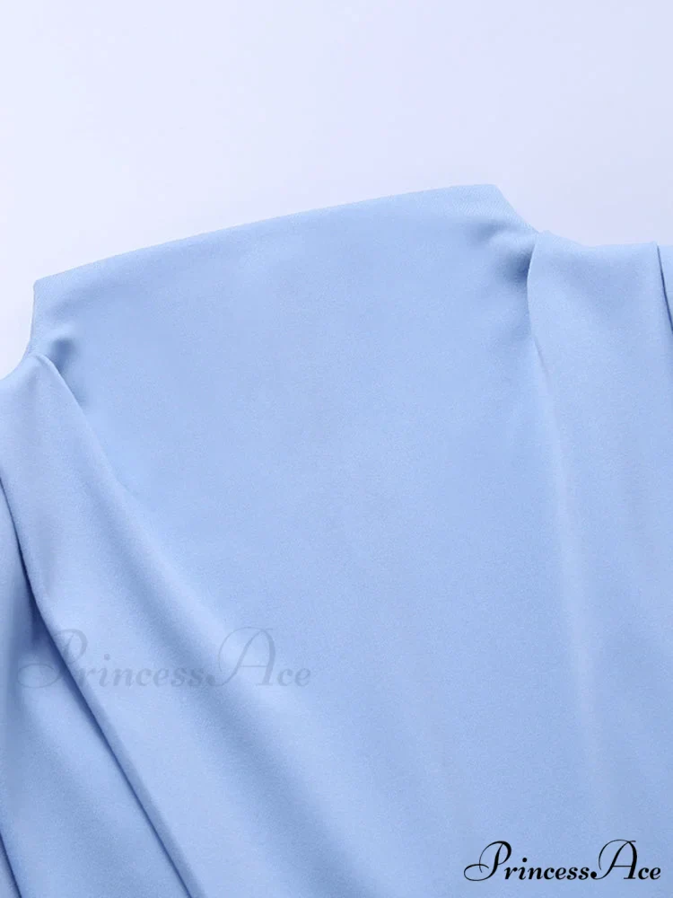 Party Solid Stand Neckline Blue Waist Long Women's Autumn Slim Elegant Arm Ankle Length Dress - Image 13