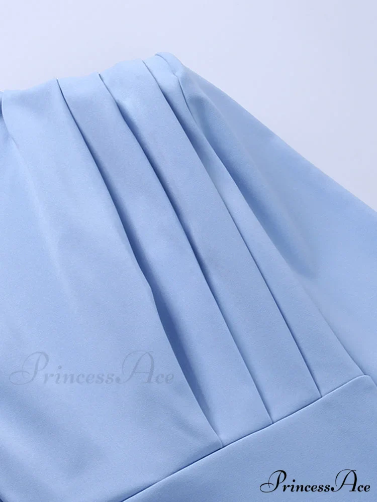 Party Solid Stand Neckline Blue Waist Long Women's Autumn Slim Elegant Arm Ankle Length Dress - Image 14