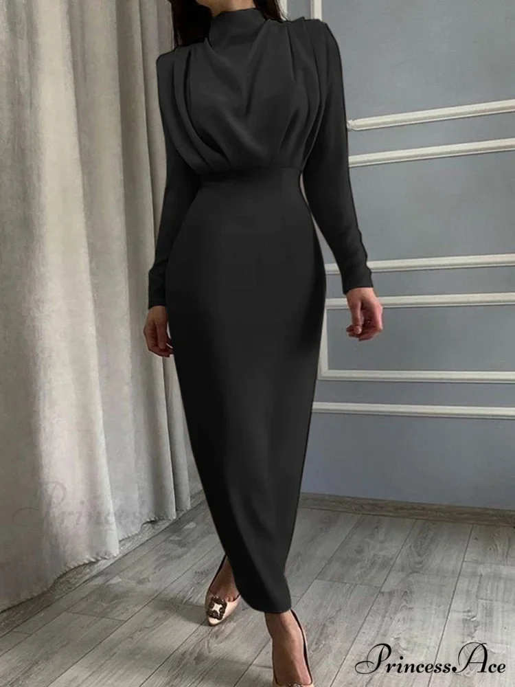 Party Solid Stand Neckline Blue Waist Long Women's Autumn Slim Elegant Arm Ankle Length Dress - Image 2