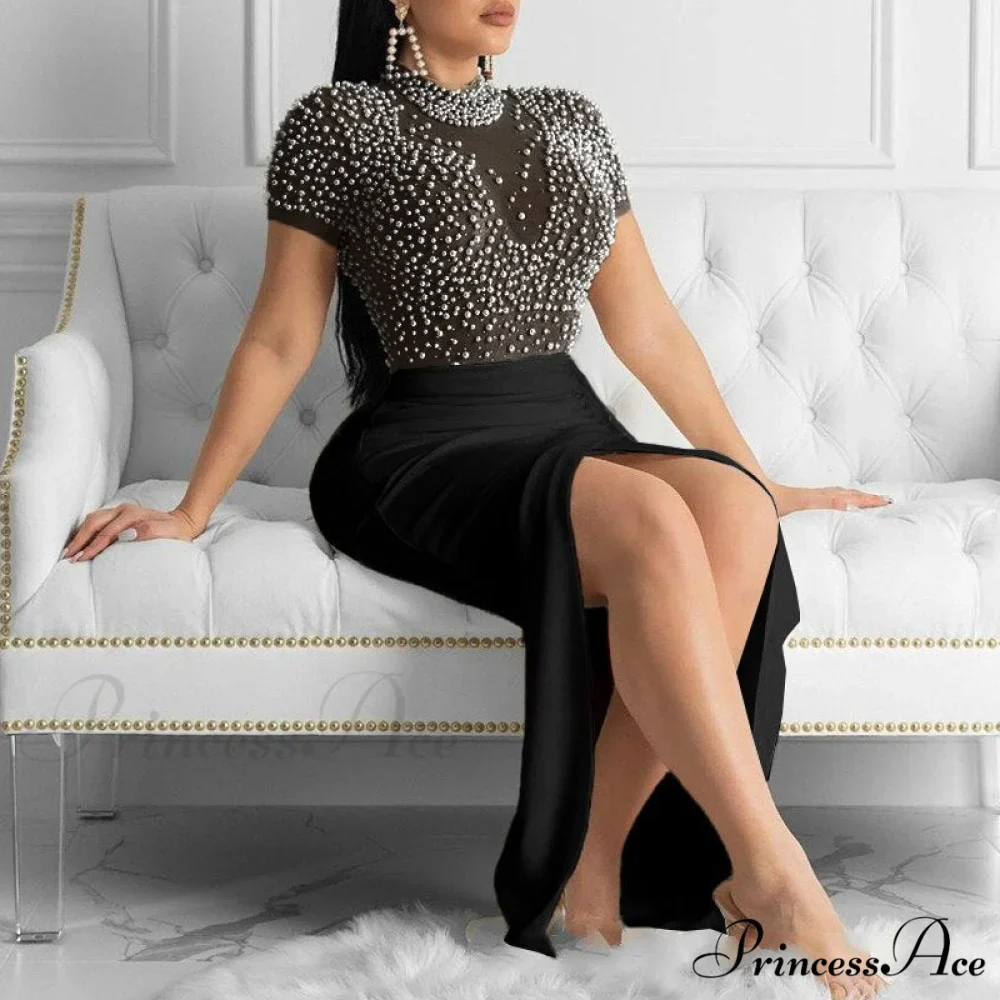 Slit Tulle Night Sexy with - Party Sleeves Gown Patchwork Transparent - Beaded for Warm-Season Outfit Brief Women - Image 7