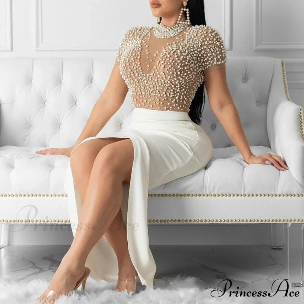 Slit Tulle Night Sexy with - Party Sleeves Gown Patchwork Transparent - Beaded for Warm-Season Outfit Brief Women - Image 8
