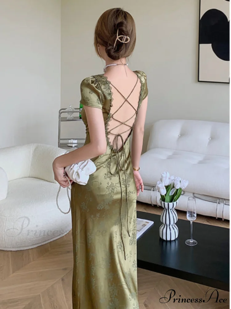 Bodycon for Palace Robe Satin V-Neck Bandage Dresses Party Gown Vestidos Mixi Warm-Season Backless Vintage Prom Lace Green Women - Image 4