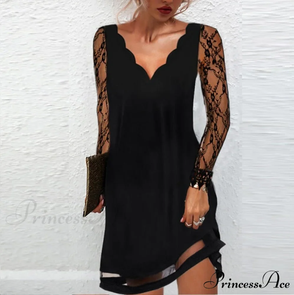 Sequins Elegant Mesh V-neck Long Lace Arm Patchwork Party Dress - Image 2