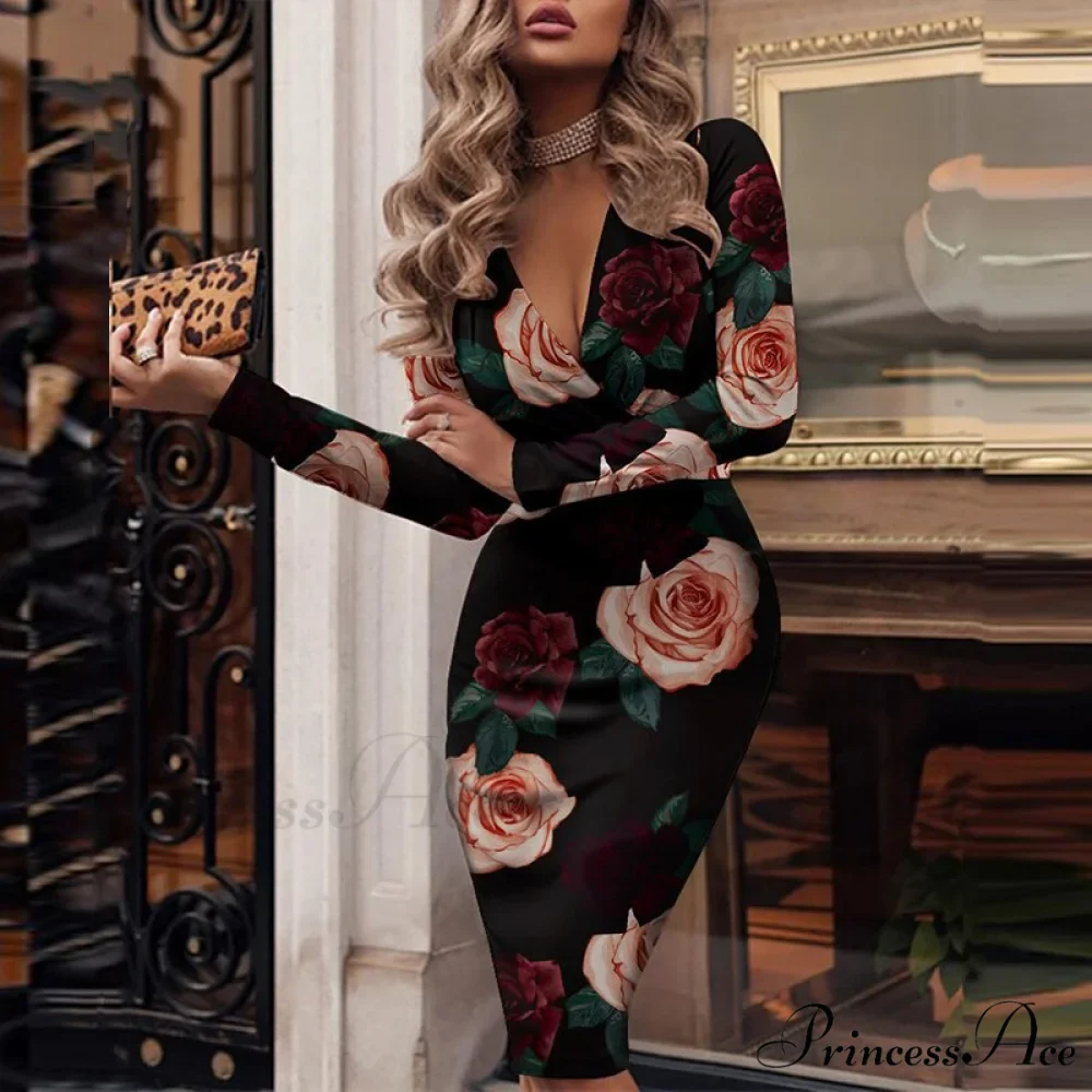 Elegant V Bodycon Sequin Club Party Deep Neck Patchwork with Long Slim Sleeves - Gown Dress - Image 8