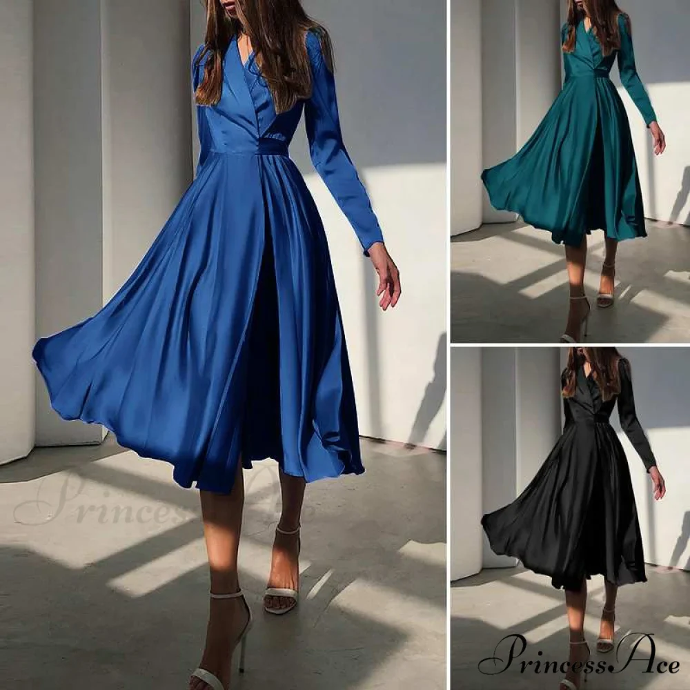 Design Dresses Women Folded of and Neckline Satin - Gown (out for Suit Elegant Autumn with Midi Swing Party stock) - Image 3