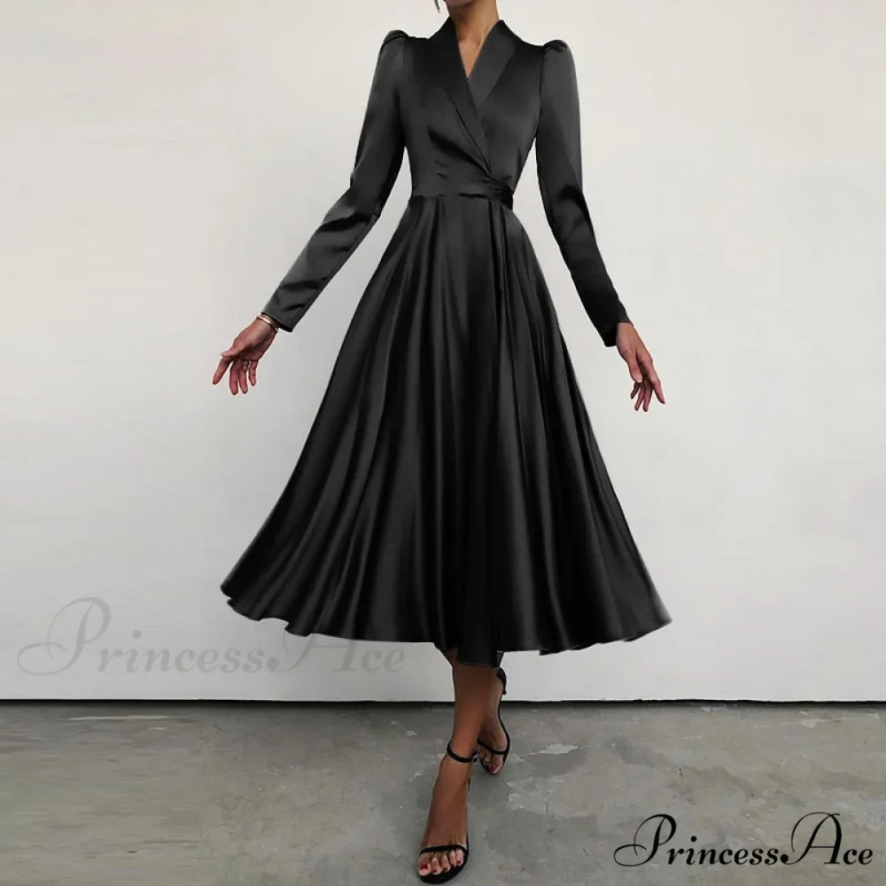Design Dresses Women Folded of and Neckline Satin - Gown (out for Suit Elegant Autumn with Midi Swing Party stock) - Image 4