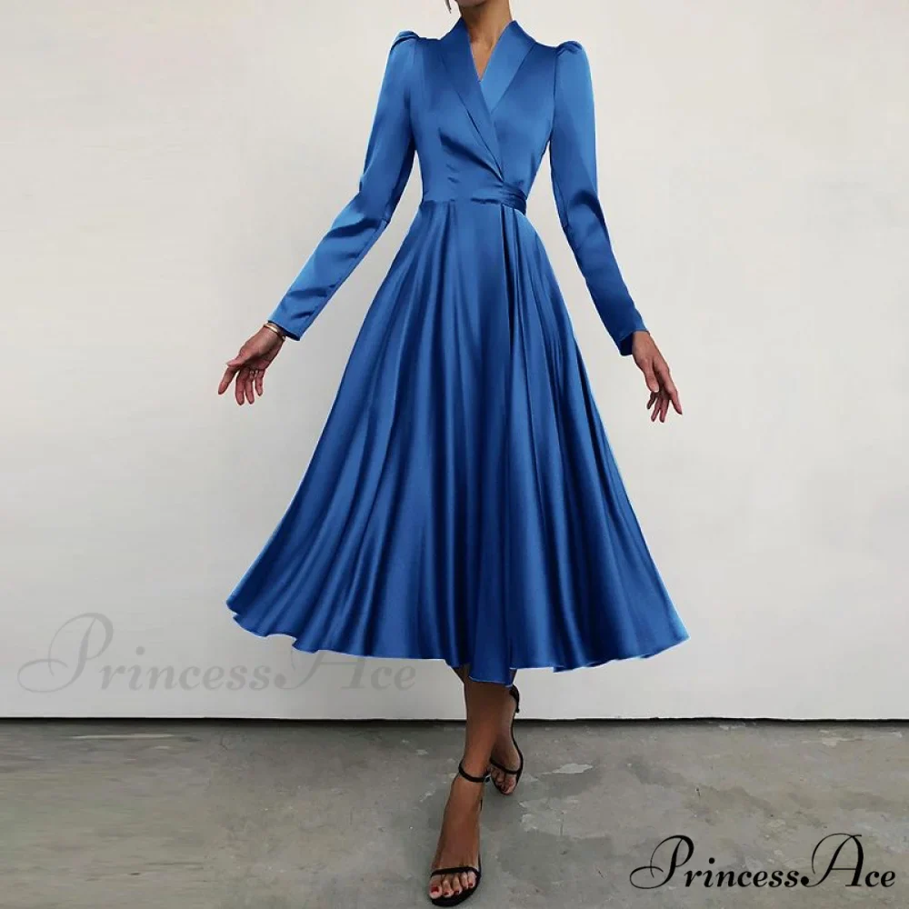 Design Dresses Women Folded of and Neckline Satin - Gown (out for Suit Elegant Autumn with Midi Swing Party stock) - Image 5