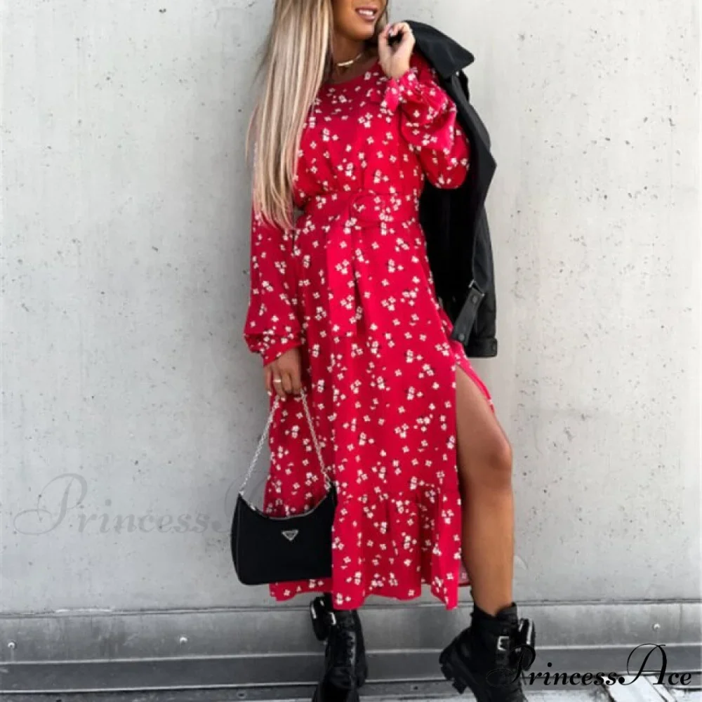Slim Autumn Gown Party Elegant - Side - Neck Slit Flowered Women's Design Arm Fit V Long Elastic Spring Waist Vestidos - Image 12