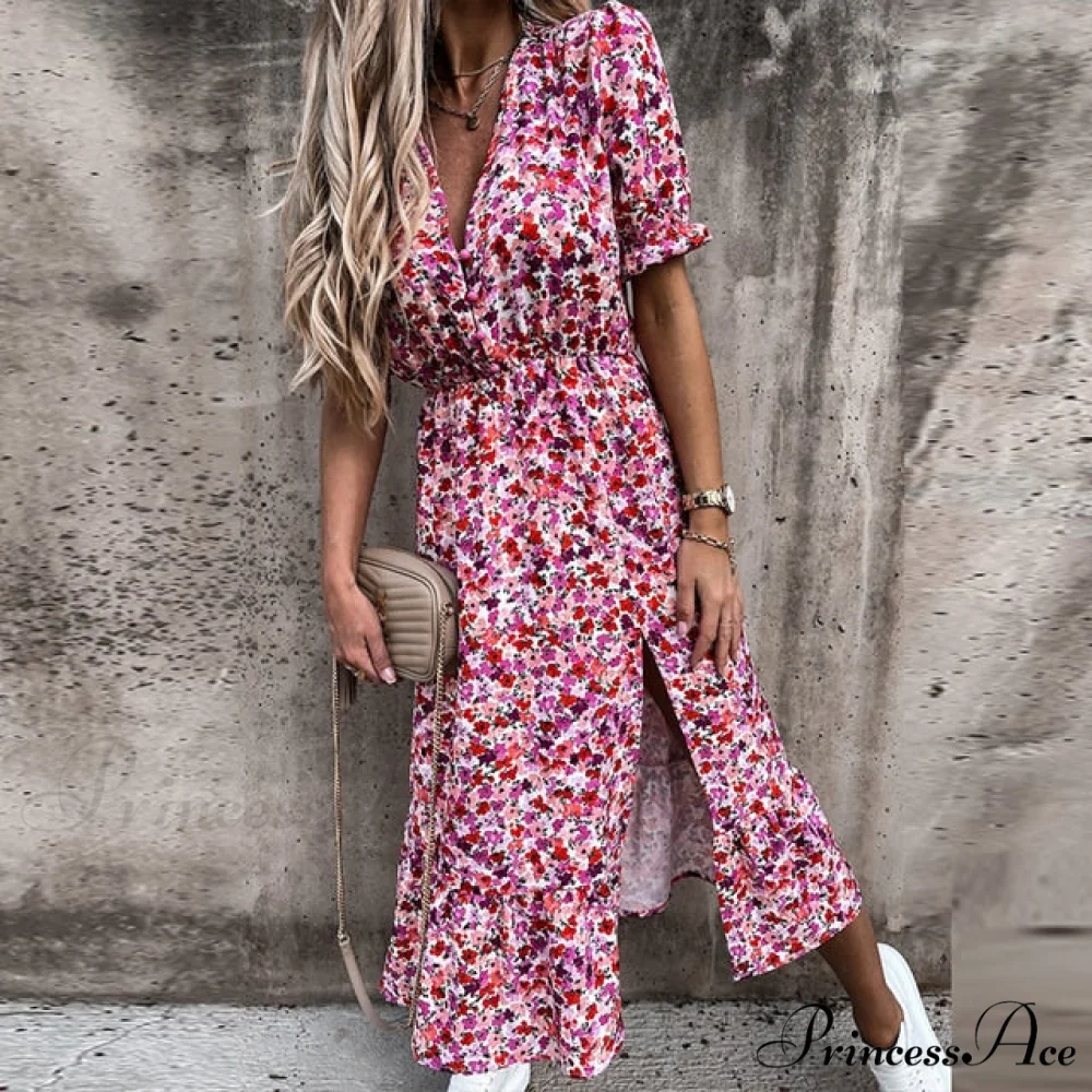 Slim Autumn Gown Party Elegant - Side - Neck Slit Flowered Women's Design Arm Fit V Long Elastic Spring Waist Vestidos - Image 3
