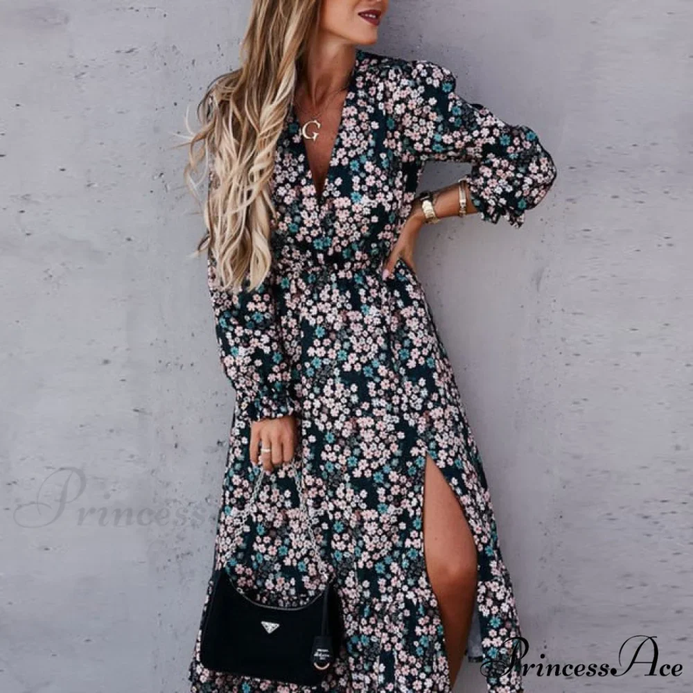 Slim Autumn Gown Party Elegant - Side - Neck Slit Flowered Women's Design Arm Fit V Long Elastic Spring Waist Vestidos - Image 4