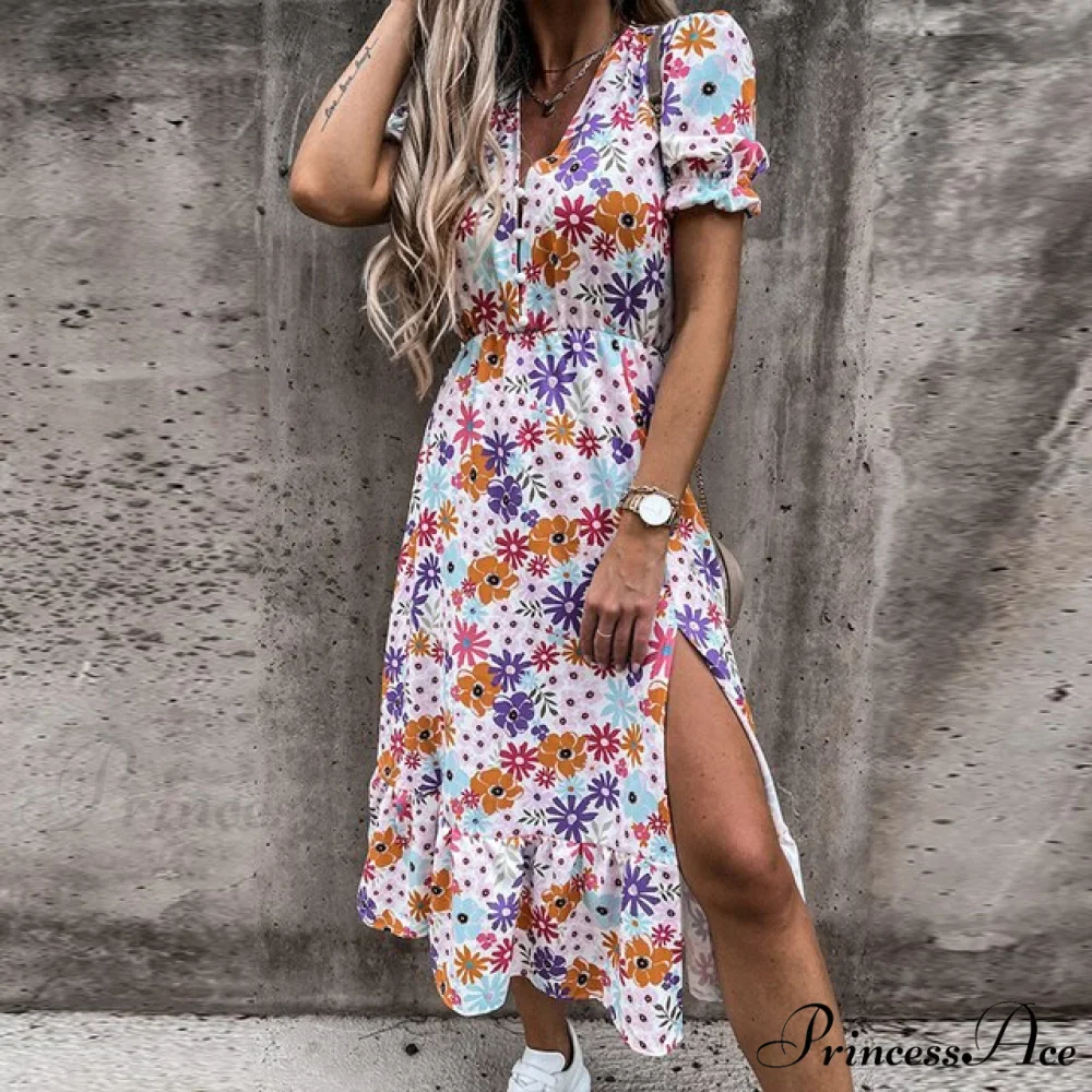 Slim Autumn Gown Party Elegant - Side - Neck Slit Flowered Women's Design Arm Fit V Long Elastic Spring Waist Vestidos - Image 6