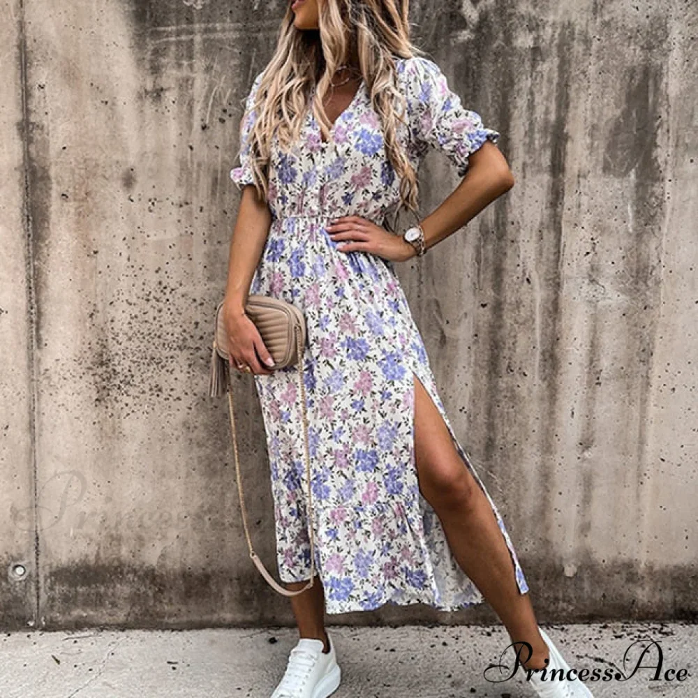 Slim Autumn Gown Party Elegant - Side - Neck Slit Flowered Women's Design Arm Fit V Long Elastic Spring Waist Vestidos - Image 8