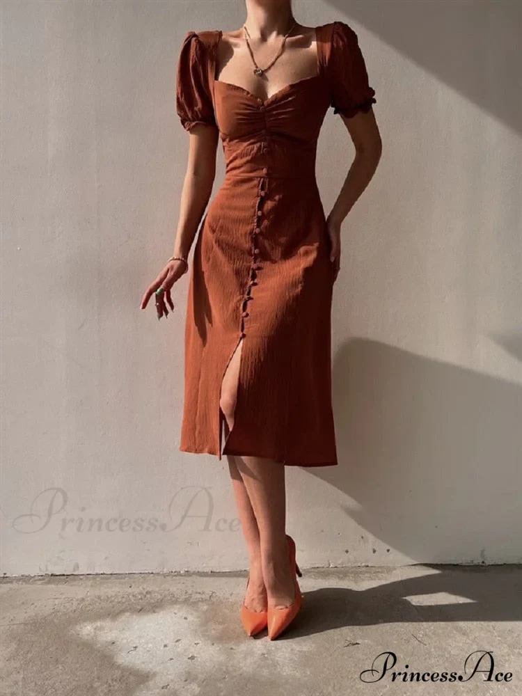 Slim Neck Slit Puff Midi Arm Casual V Party Black Women Elegant A-line Button Warm-Season Gown Dress - Image 2