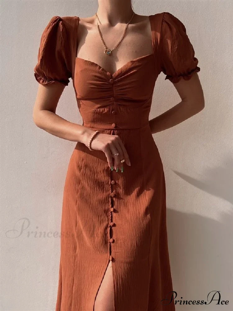 Slim Neck Slit Puff Midi Arm Casual V Party Black Women Elegant A-line Button Warm-Season Gown Dress - Image 3
