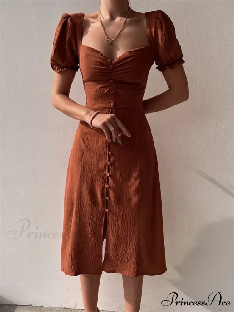 Slim Neck Slit Puff Midi Arm Casual V Party Black Women Elegant A-line Button Warm-Season Gown Dress - Image 5