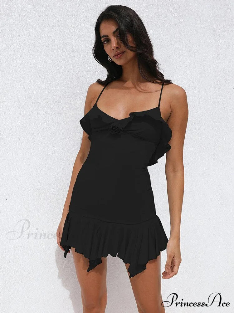 Spaghetti Party Coastal Strap Mini Gown Elegant Flower Off-shoulder Robe Women Backless Bodycon Ruffle Dress - Image 5