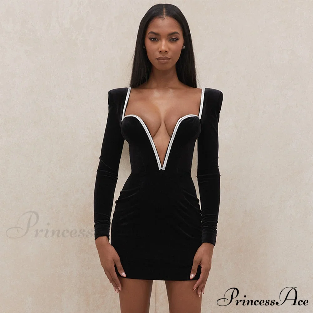 Deep Winter Neck V Gown with Diamante Crystal and Velvet Party Detail - Image 4