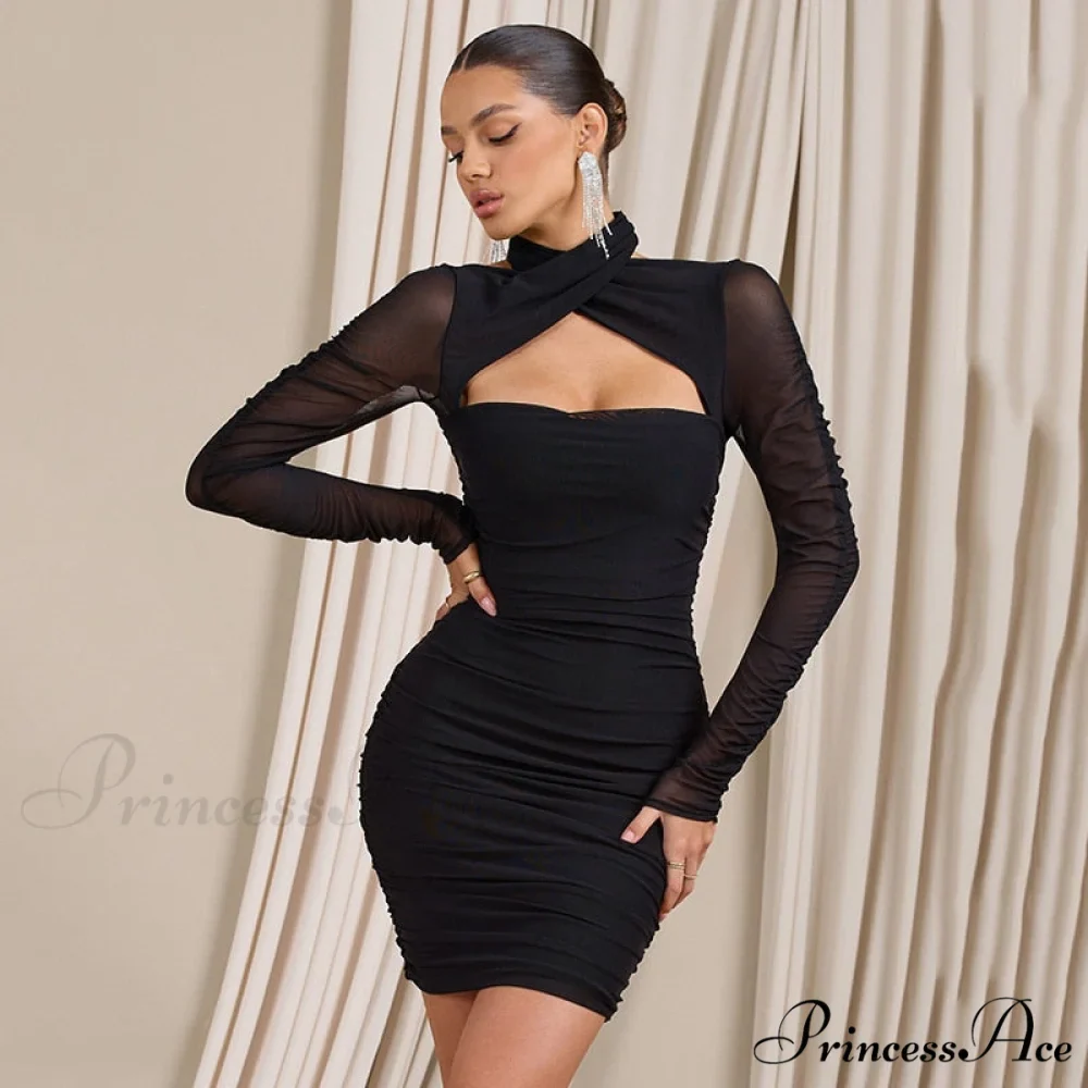 Women Bodycon With Mesh Gown Mini Arm Ruched Sexy Zipper Party Halter Robe Gown Backless Long Autumn Vestidos - Image 4