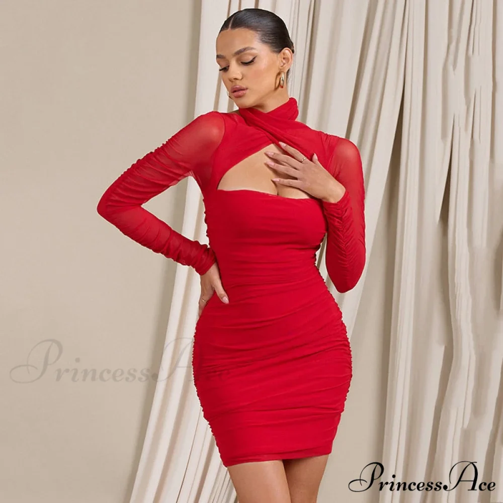 Women Bodycon With Mesh Gown Mini Arm Ruched Sexy Zipper Party Halter Robe Gown Backless Long Autumn Vestidos - Image 5