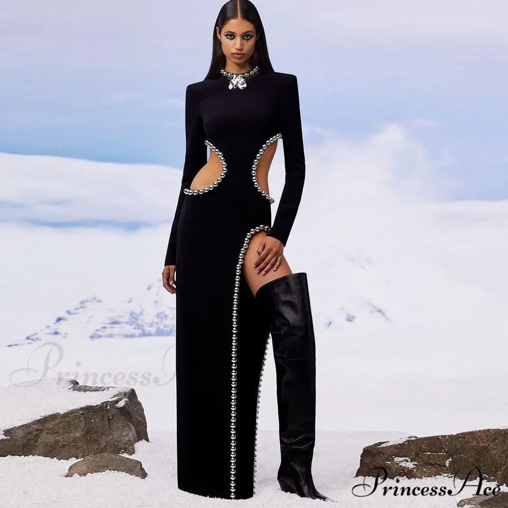 O Black Long Bodyband Sexy Beaded Women's Cutout Gown Neck Party Celebrity Dress - Image 4