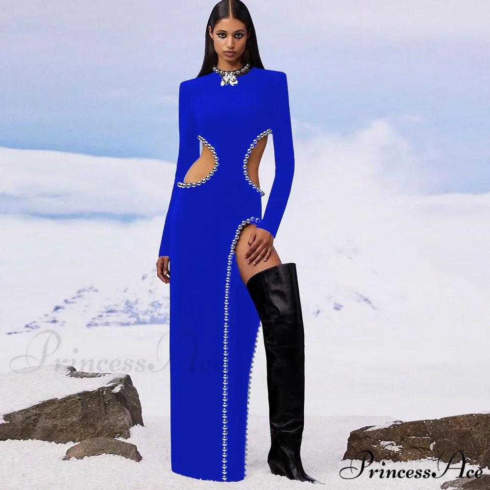 O Black Long Bodyband Sexy Beaded Women's Cutout Gown Neck Party Celebrity Dress - Image 5
