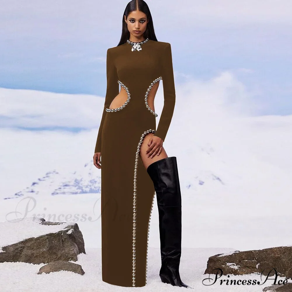 O Black Long Bodyband Sexy Beaded Women's Cutout Gown Neck Party Celebrity Dress - Image 6