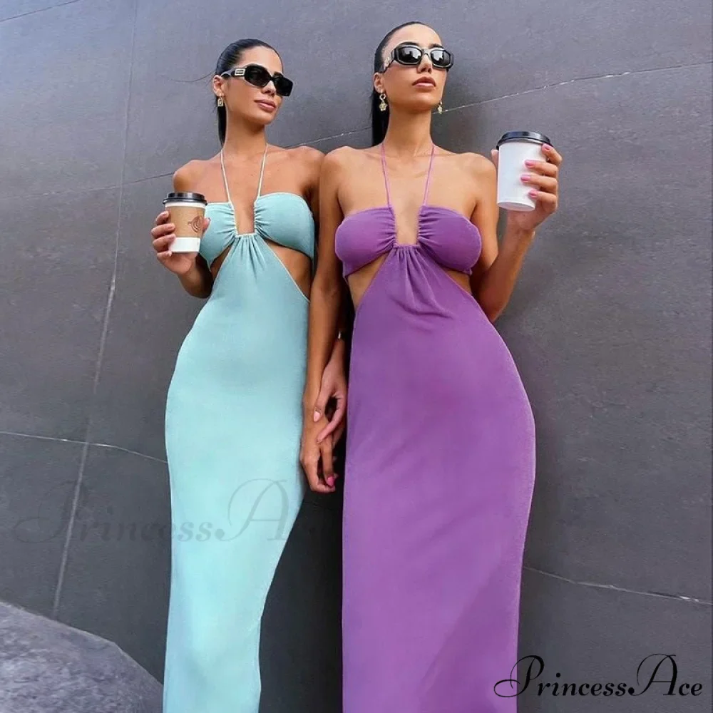 Dresses Women Backless Out Cut Full-Length Hollow Split Warm-Season Long Clubwear Out Midi Corset Wrap Halter Gown Robe - Image 3