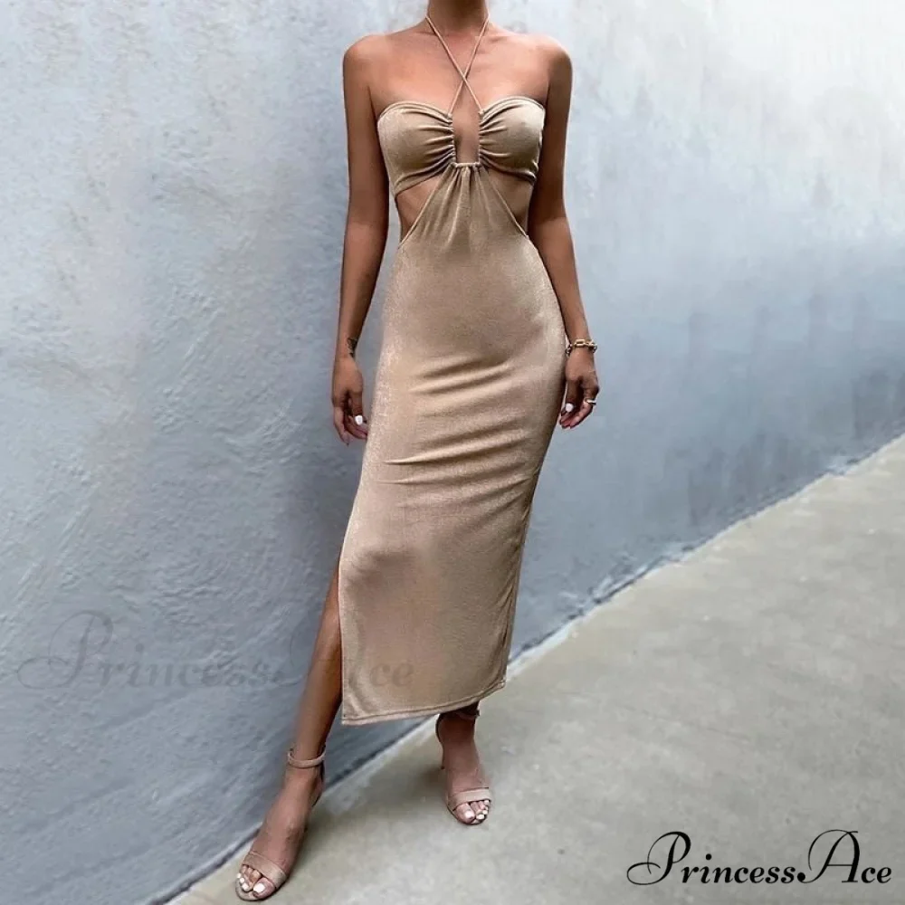 Dresses Women Backless Out Cut Full-Length Hollow Split Warm-Season Long Clubwear Out Midi Corset Wrap Halter Gown Robe - Image 9