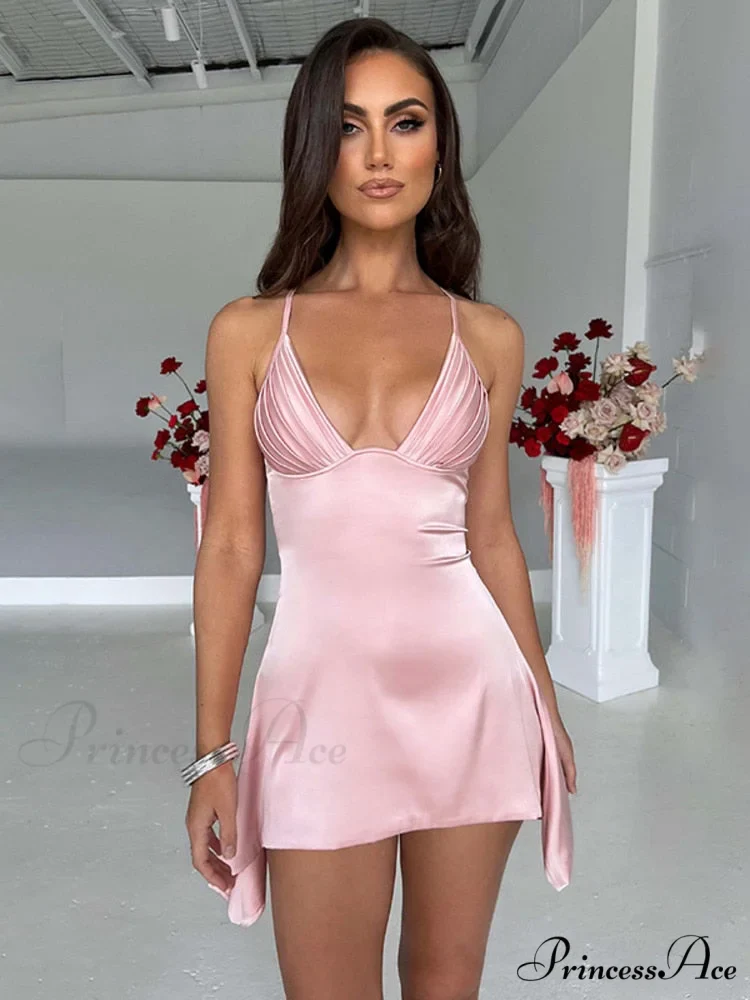 Sleeveless Mini Spaghetti Party Deep Strap V Club Warm-Season Gown Robe Backless Women Satin Neck Vestido - Image 2
