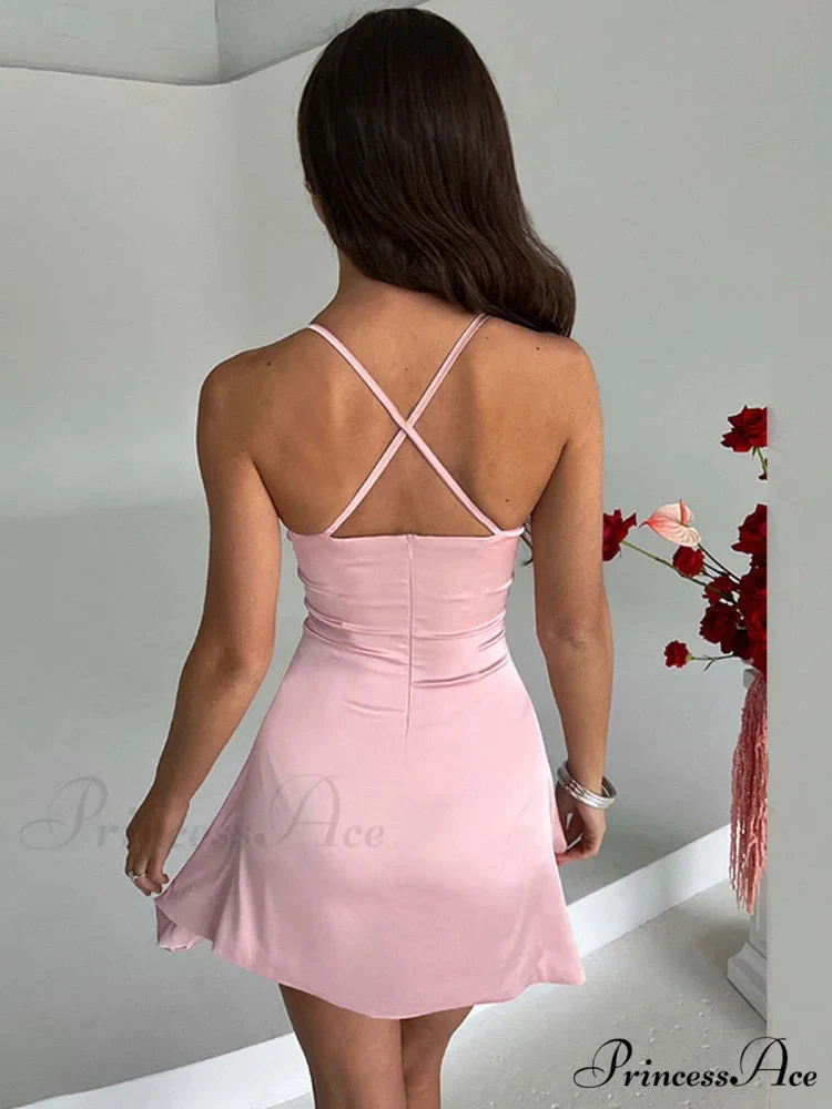 Sleeveless Mini Spaghetti Party Deep Strap V Club Warm-Season Gown Robe Backless Women Satin Neck Vestido - Image 3