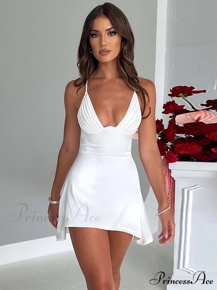 Sleeveless Mini Spaghetti Party Deep Strap V Club Warm-Season Gown Robe Backless Women Satin Neck Vestido - Image 4