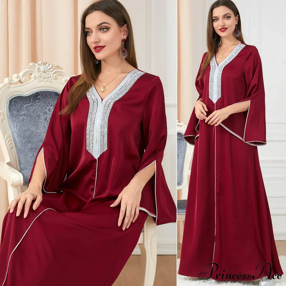 Neck Muslim Longue Full-Length Diamond India Dubai V Robe Vestidos Caftan Party Gown Abaya Women's Prayer Largos - Image 10