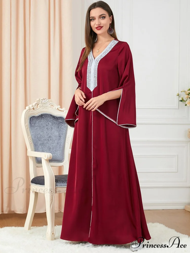 Neck Muslim Longue Full-Length Diamond India Dubai V Robe Vestidos Caftan Party Gown Abaya Women's Prayer Largos - Image 2