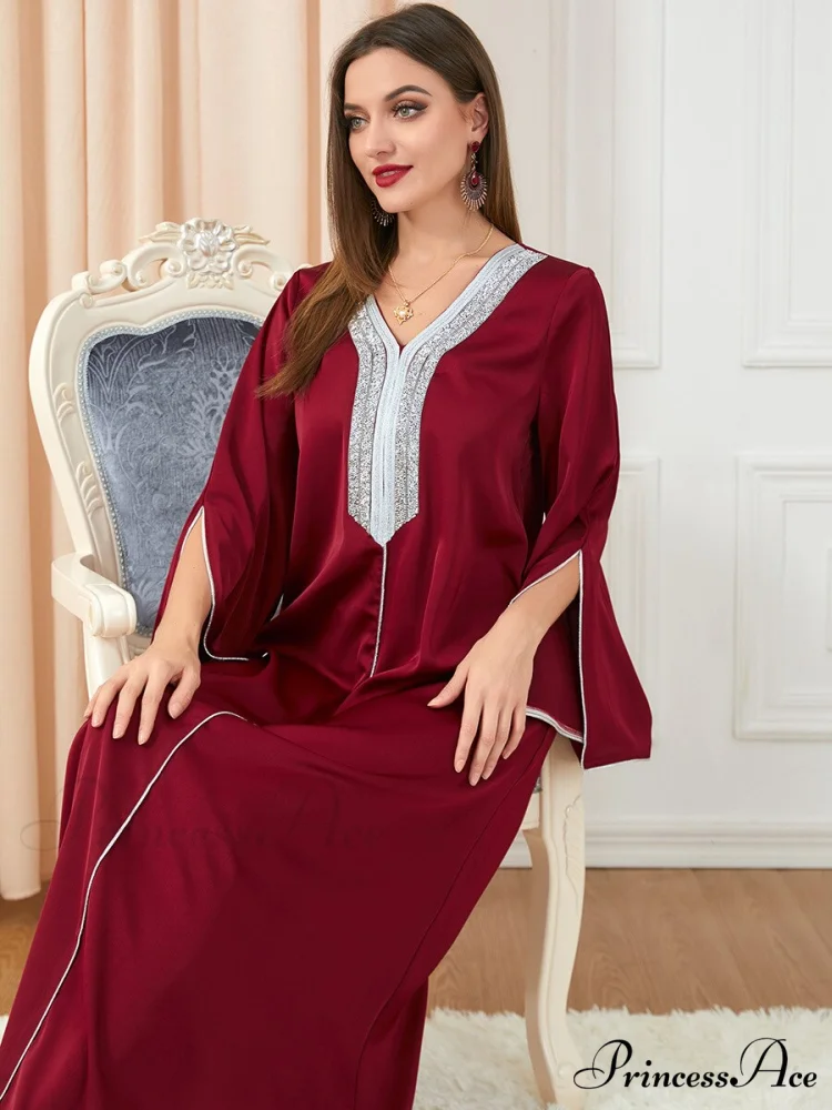 Neck Muslim Longue Full-Length Diamond India Dubai V Robe Vestidos Caftan Party Gown Abaya Women's Prayer Largos - Image 3