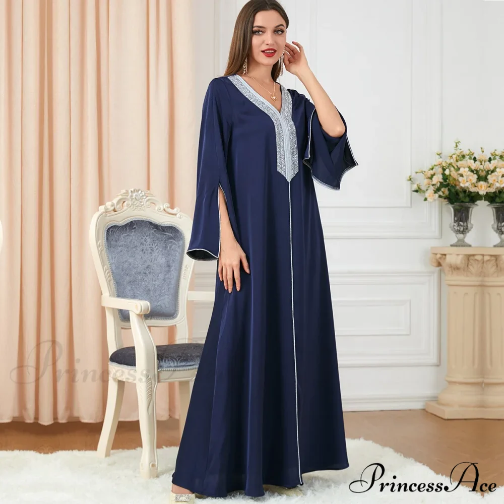 Neck Muslim Longue Full-Length Diamond India Dubai V Robe Vestidos Caftan Party Gown Abaya Women's Prayer Largos - Image 4