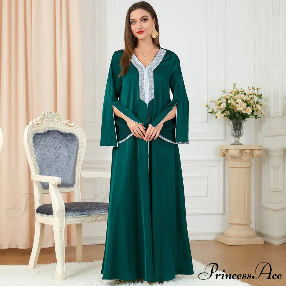 Neck Muslim Longue Full-Length Diamond India Dubai V Robe Vestidos Caftan Party Gown Abaya Women's Prayer Largos - Image 5